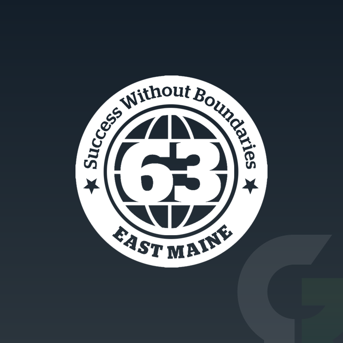 Circular logo featuring a globe, the number 63, and the text “Success Without Boundaries East Maine.”