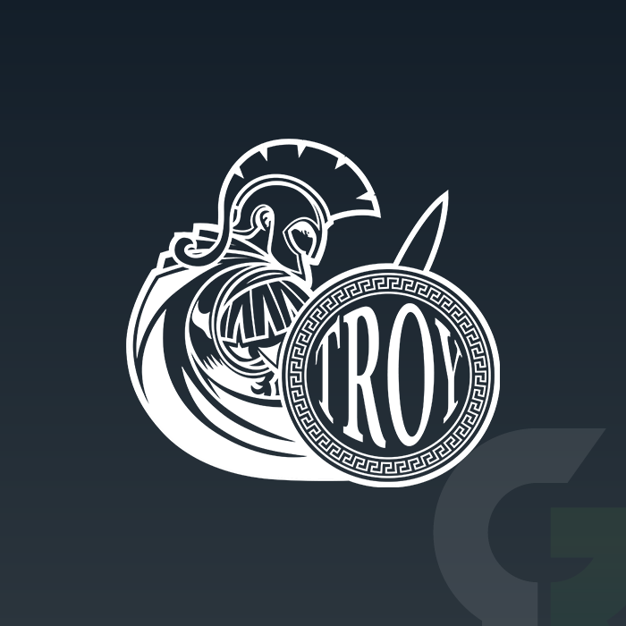 Logo of a Trojan warrior holding a shield with the word “TROY” in the center.